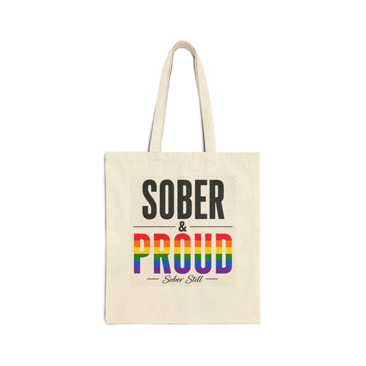 Canvas tote, "Sober & Proud" rainbow pride design, front view