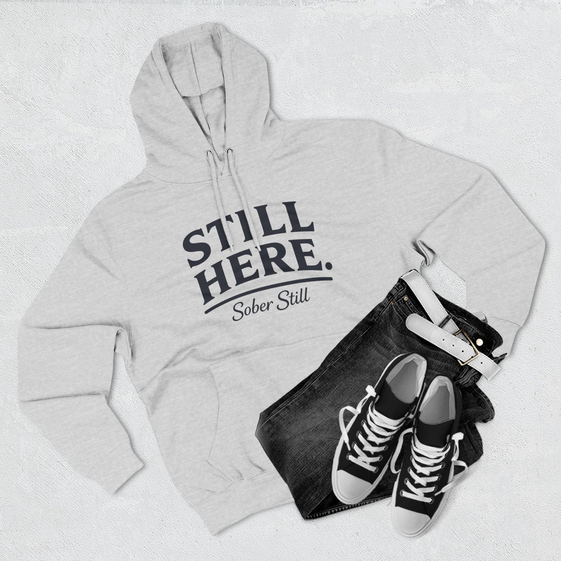 "Still Here." hoodie by Sober Still, alternate angle