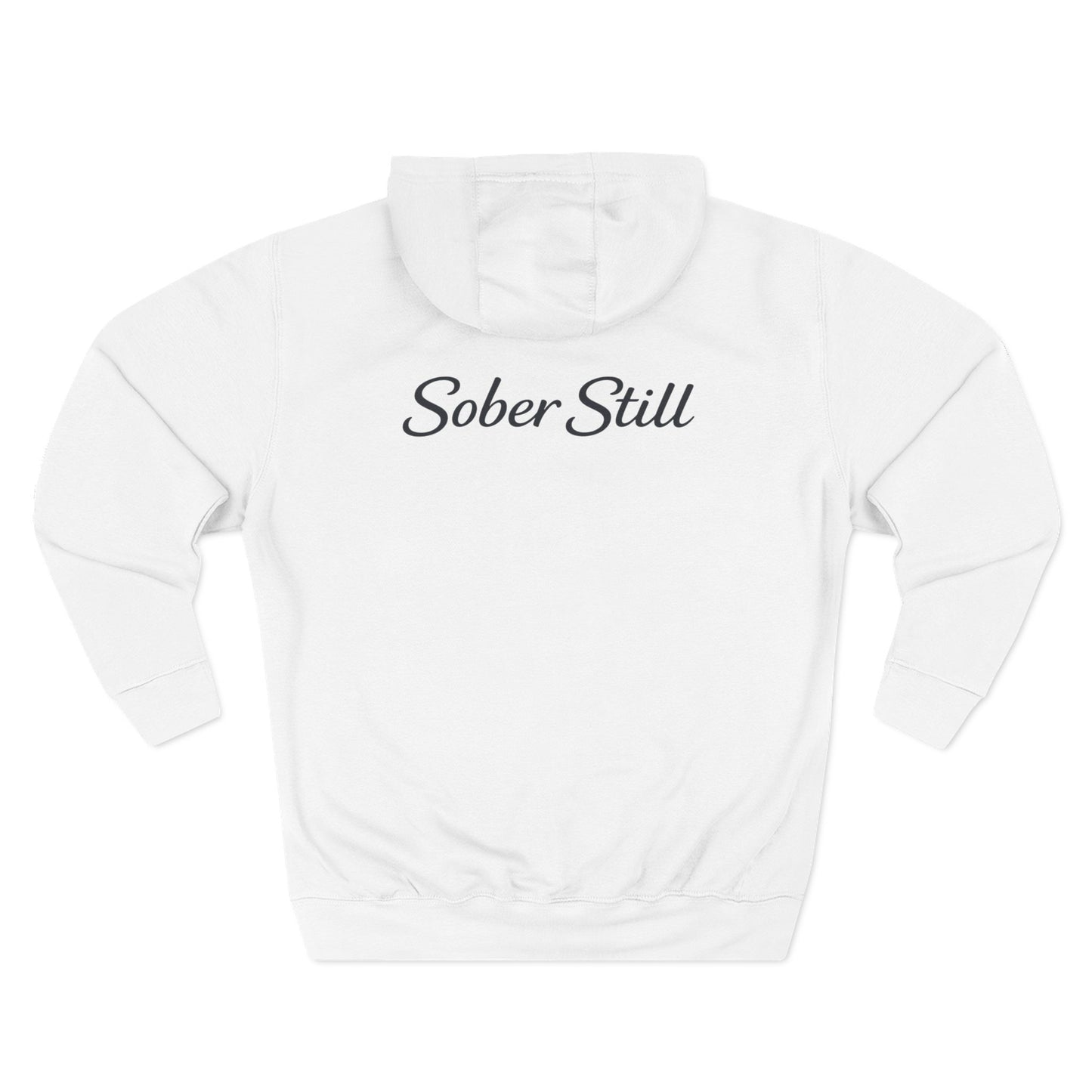 "Still Here." hoodie by Sober Still, size chart graphic