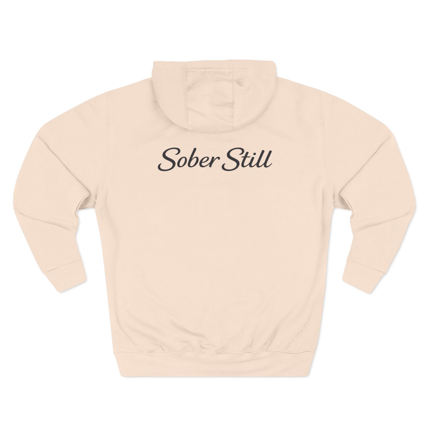 "Still Here." hoodie by Sober Still, print placement detail