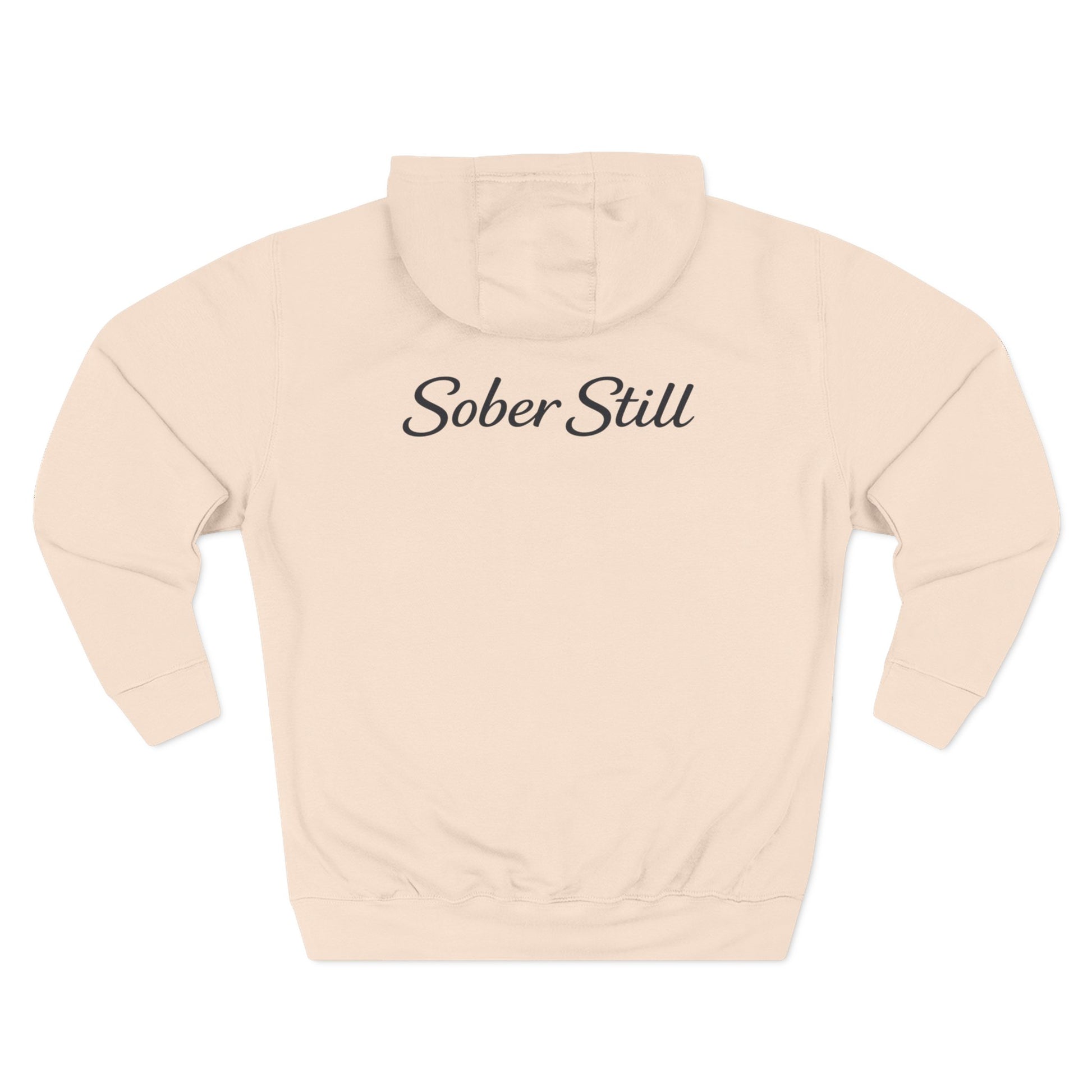 "Still Here." hoodie by Sober Still, print placement detail