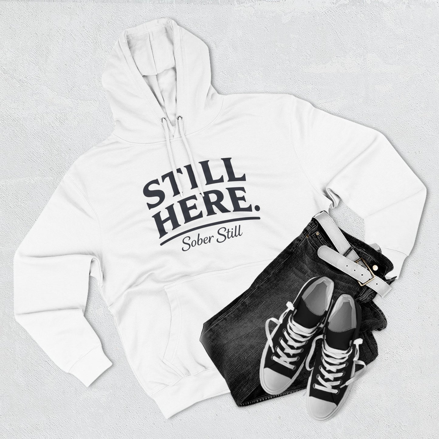 "Still Here." hoodie by Sober Still, closer detail shot