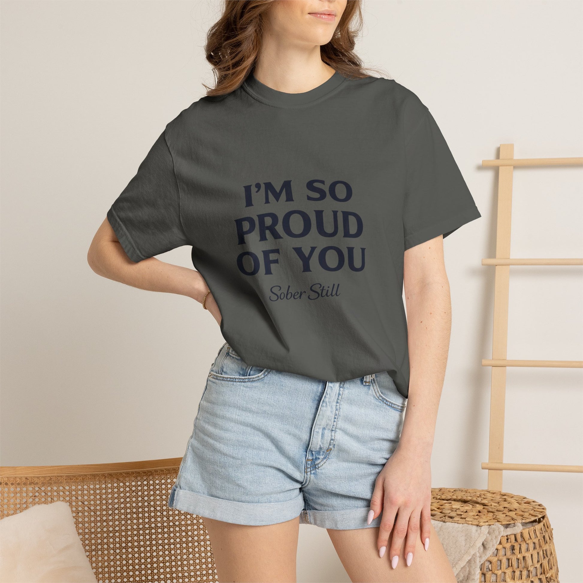 "I'm So Proud Of You" Sober Still t-shirt, worn on model, alternate pose