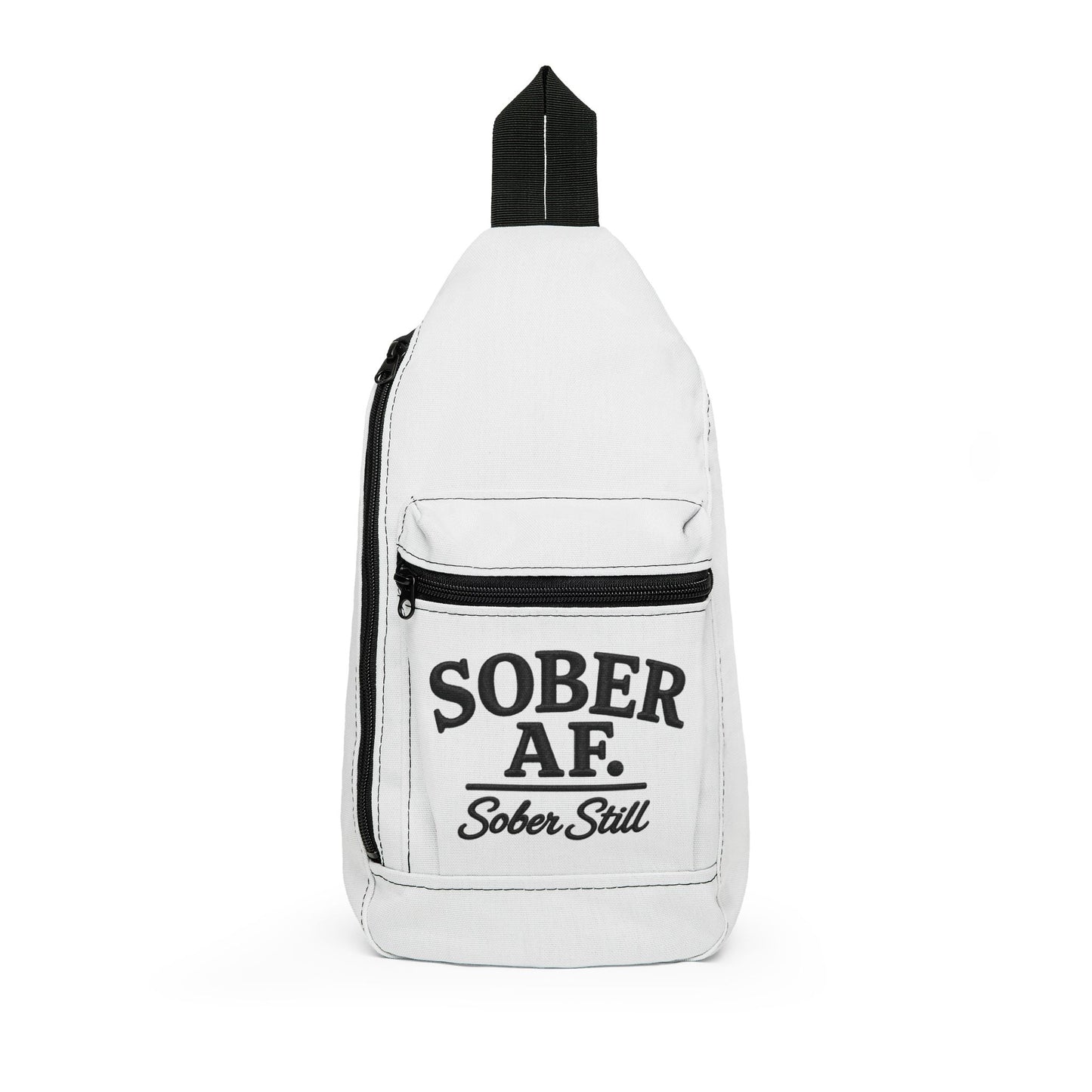 Cream sling bag with "SOBER AF" embroidered across the front pocket and "Sober Still" on the strap