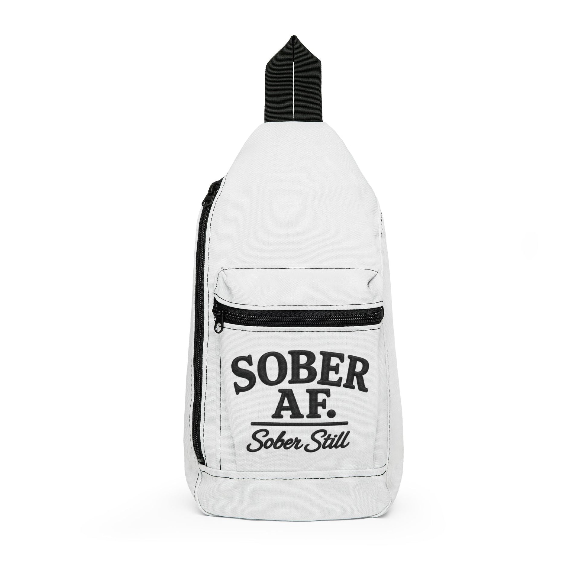 Cream sling bag with "SOBER AF" embroidered across the front pocket and "Sober Still" on the strap