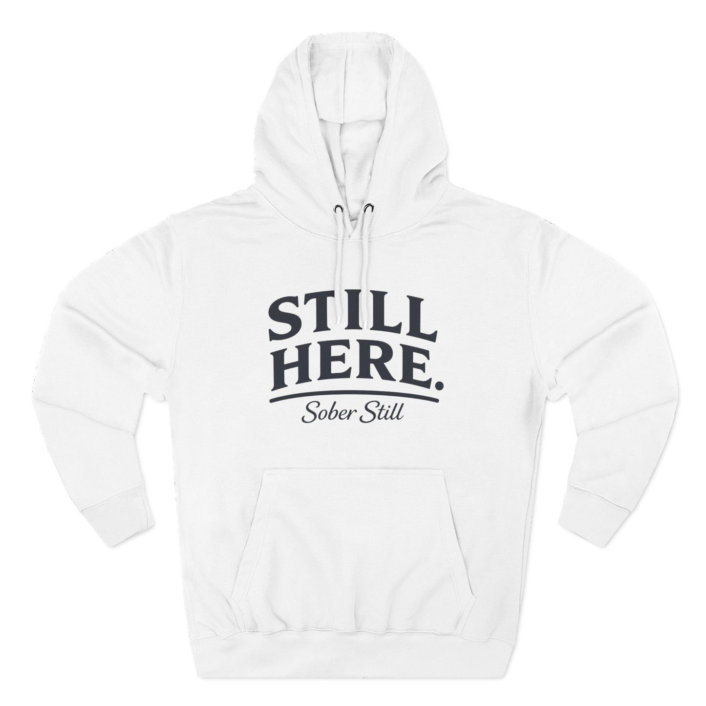 "Still Here." hoodie by Sober Still, close-up of the print